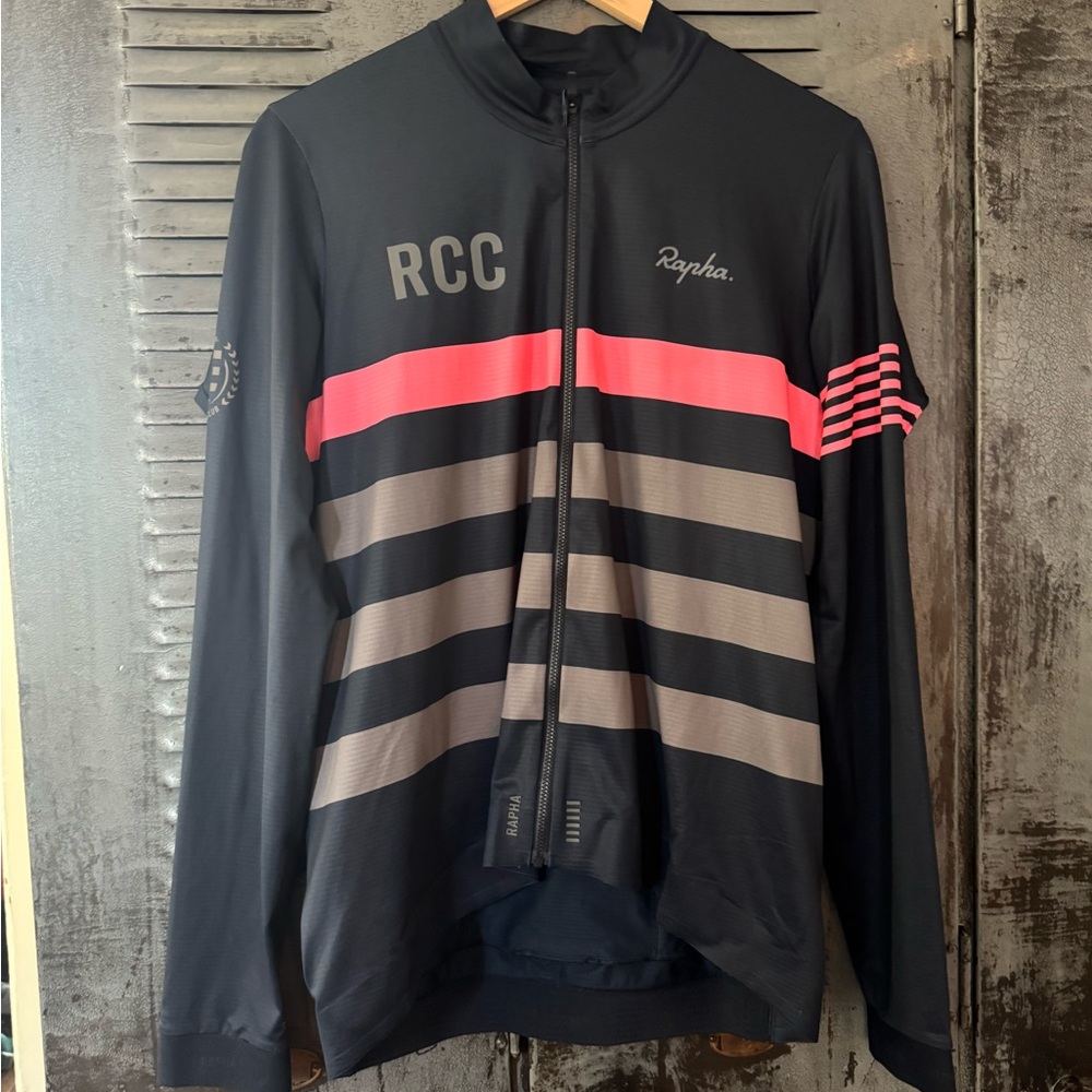 Rapha Black Long Sleeve Cycling Jersey with Pink and Gray Stripes